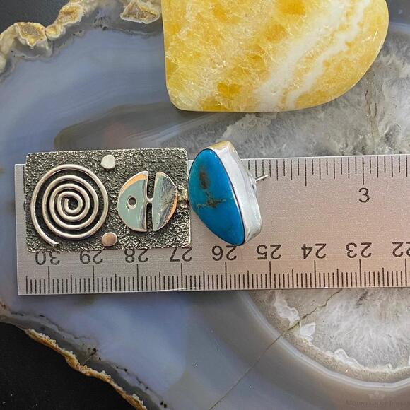 Alex Sanchez Native American Sterling Turquoise Petroglyph Dangle Earrings #2 - Picture 10 of 10